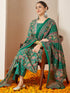 Janasya Women's Dark Green Pure Cotton Floral Printed Yoke Embroidered A-line Kurta Set
